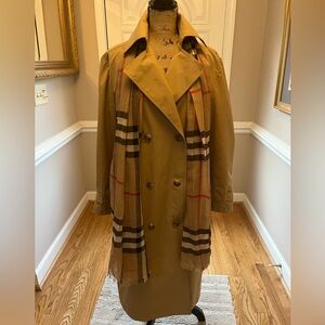 St John Bay Tan Double-Breasted Trench Coat with belt.